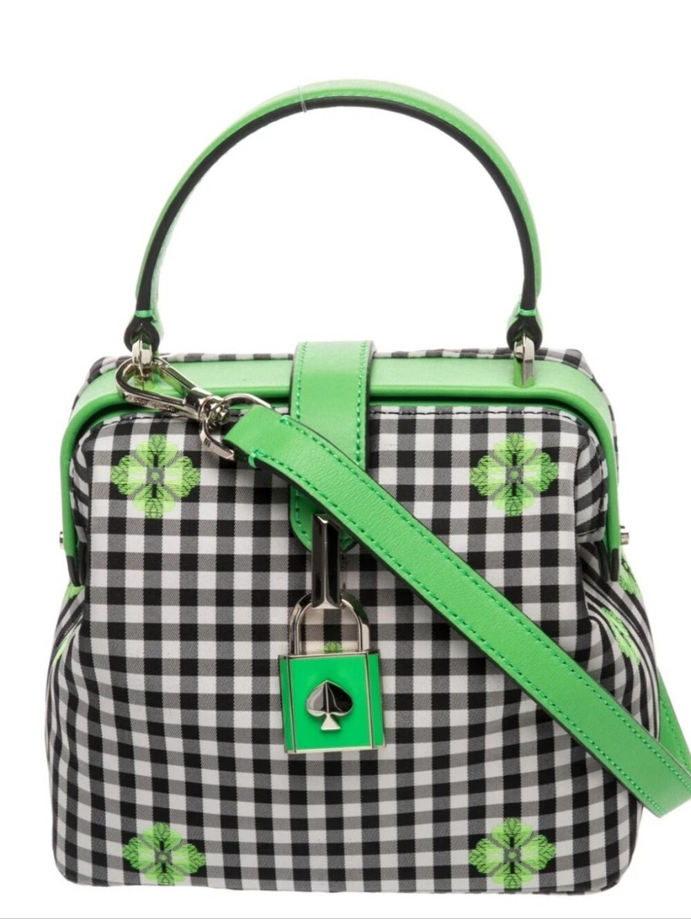 Kate Spade New York Top Handle Crossbody Black Gingham &💚Green Leather Trim NWT